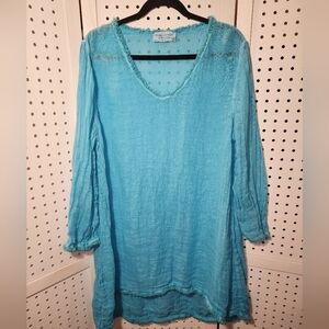 Harris Cotton Medium Linen Cover up Dress Fringe Aqua Blue Fringe Medium